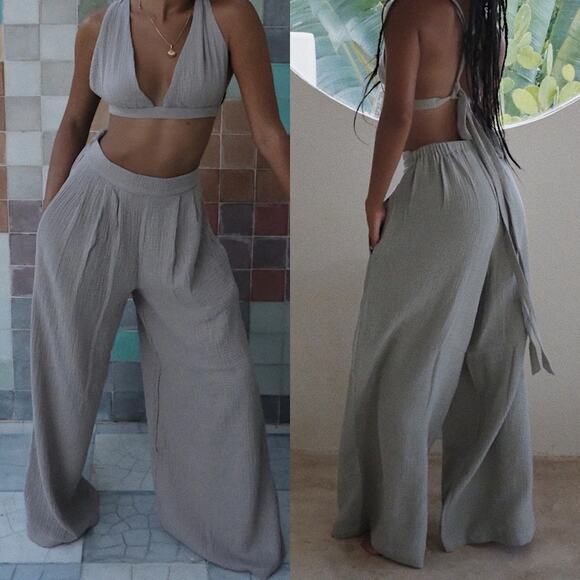 Ref Apparel Gray Taupe Cotton Gauze Boho Wide Leg Jade Pants OS / Small Medium - Picture 1 of 8